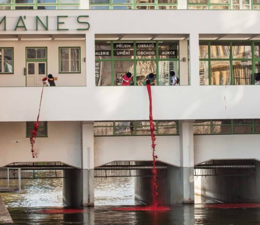Za zčervenání Vltavy může aktivistická skupina Bolt958, vyjadřují tím svůj nesouhlas se současným vedením Galerie Mánes